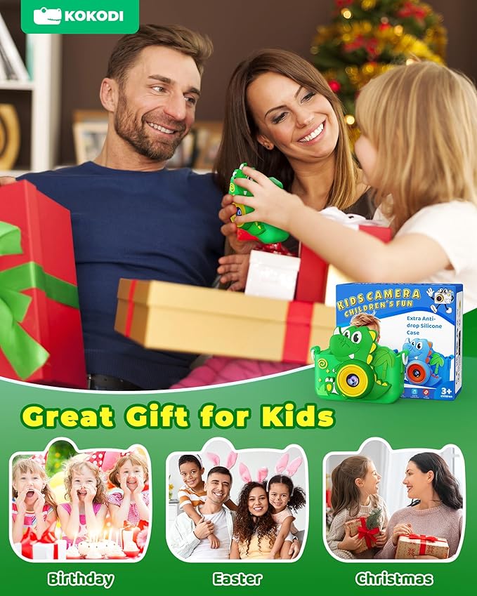 KOKODI Kids Camera Toy Digital Camera for Toddler Boys, Dinosaurs Birthday for Boys Age 3-12, 1080P HD Video Camera for Toddler, Kids Toys for 3-9 Year Old Kids with 32GB SD Card