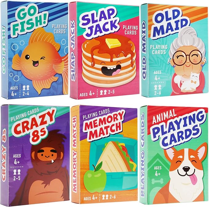 LotFancy Card Games for Kids, 6 Decks, Go Fish, Old Maid, Crazy Eights, Memory Match, Slap Jack, Animal Playing Cards, Easter Basket Stuffers, Stocking Stuffers