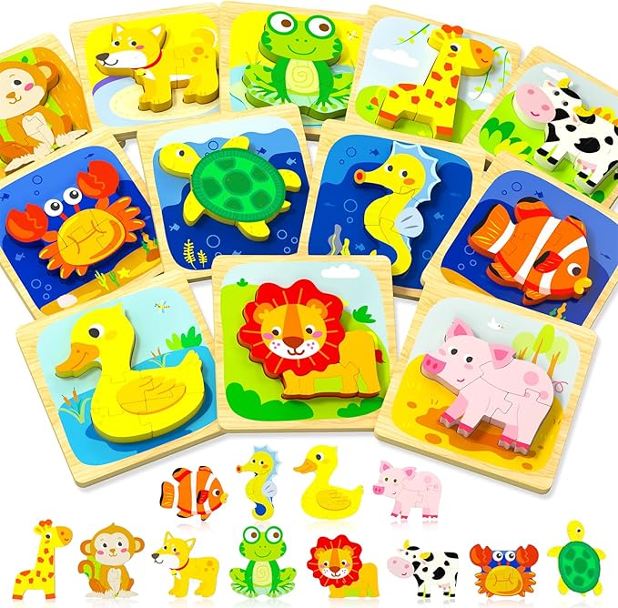 Benresive Wooden Toddler Puzzles Ages 1-3, Montessori Toys for 1 2 3 Year Old Boys Girls, 12 Pack Animal Toddler Toys Gifts for 1 2 3 Year Old Boys Girls, Learning Educational Preschool Toys