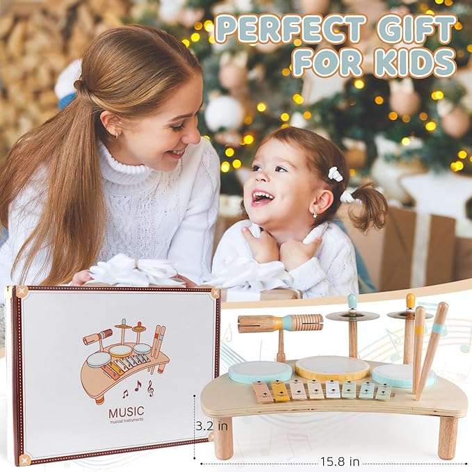 Kids Drum Set Montessori Musical Instruments for Toddlers 1-3, Wooden Baby Drum Kit with Xylophone, Preschool Music Toys for Early Learning, Educational Birthday Gift for Boys Girls (Multicolored)