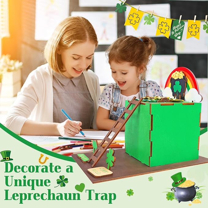 RGJ St Patrick's Day Leprechaun Trap Kit for Kids, Wooden DIY Leprechaun Trap Craft Kit to Catch A Leprechaun, St Patrick's Day Decorations for Kids Party Supplies (Finished Painted)