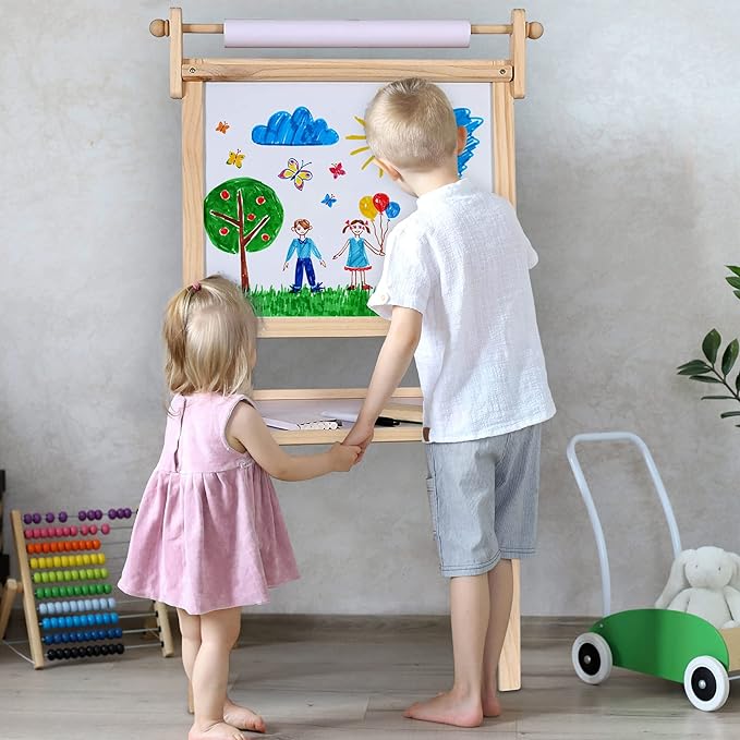 Kraftic Deluxe Standing Art Easel for Kids - Toddler Drawing Chalkboard, Magnetic Whiteboard, Dry Erase Board, Paper Roll and Accessories