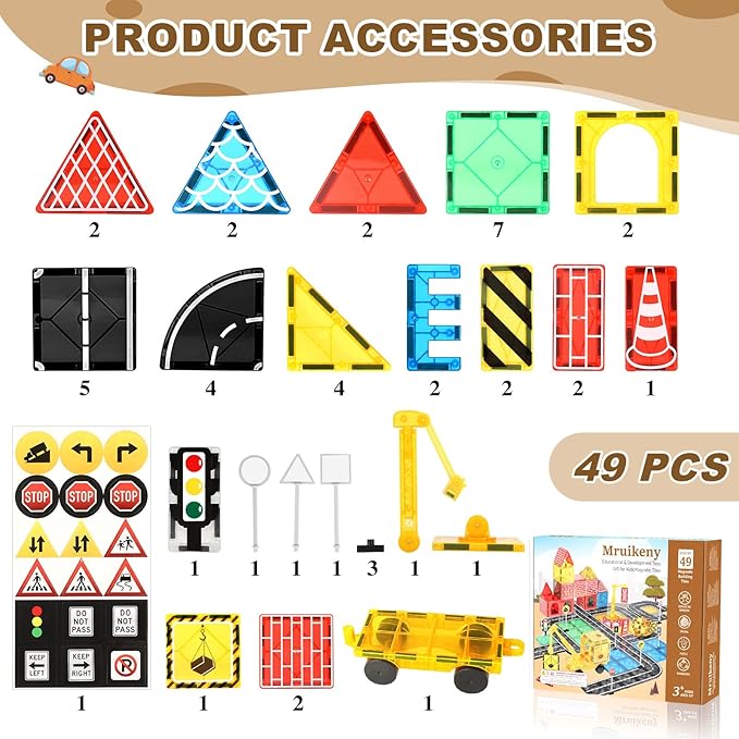 Magnetic Tiles Road Set Kids Toys, Magnetic City Construction Toys With Magnetic Crane for 3+ Year Old Boys Girls, Magnetic Blocks Building Toys STEM Toddlers Toys Magnetic Tiles for Kids Ages 3-5 4-8