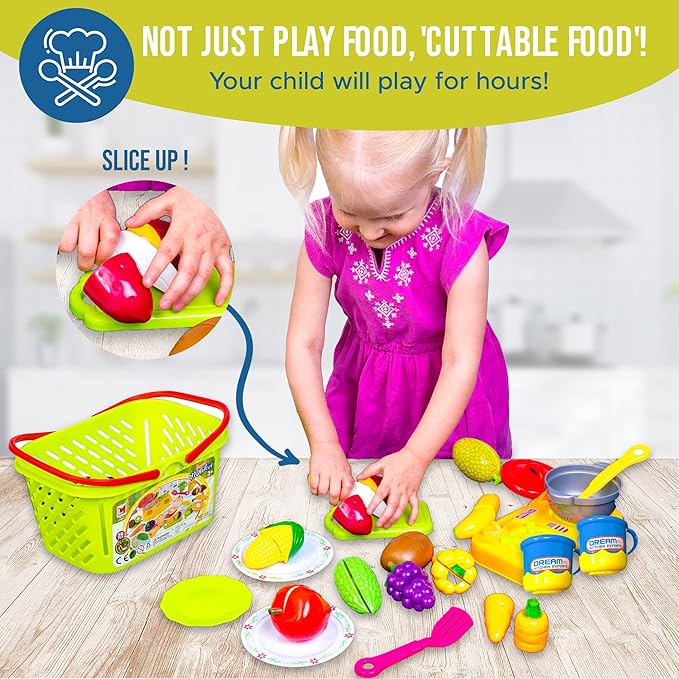 FUNERICA Durable Cuttable Play Food Grocery Shopping Basket, Kids Play Fruits and Vegetables Sets with Mini Cooking Top, Pot, Dishes, and Utensils Kids Kitchen Toys