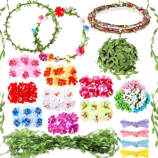 Syhood Mini Plum Blossom Crowns Making Kit, 120 Pcs Parts, Make Your Own Flower Crown Wreath Headbands and Bracelets Craft Kit Hair Accessories Handmade DIY Floral Crown Garland Kit Presents