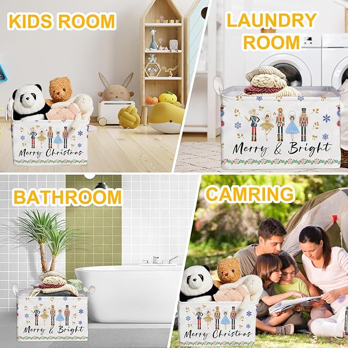 Christmas Storage Basket with Handles, Nursery Organization, Waterproof Toy Box for Boys and Girls Room, Decor Rectangular Fabric Box for Clothes, Christmas Gifts Storage Box, Christmas Party Decor