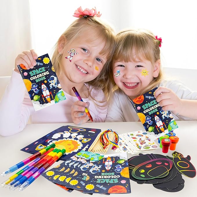 72 Pcs Outer Space Coloring Book with Crayons Party Favors,Space Astronaut Party Goodie Bags Fillers,Galaxy Planet Birthday Party Games Craft DIY Kit Magic Scratch Art Paper Tattoo for Rocket Pinatas