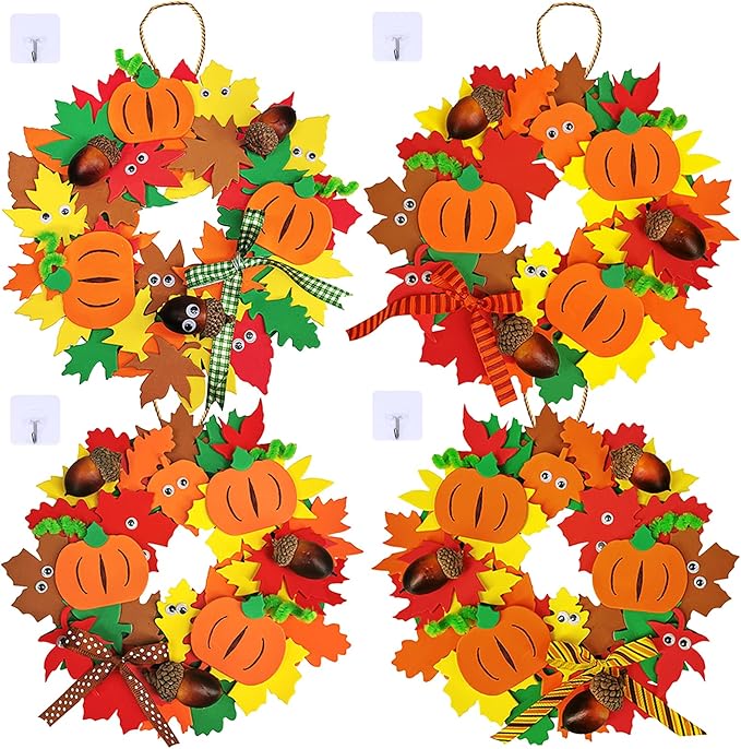Supla 12 Kits 3D Pumpkin Fall Leaf Wreath Craft Kit DIY Thanksgiving Wreath with Maple Leaves Acorns Bows Wiggle Eyes for Kids Crafts Fall Thanksgiving Halloween Seasonal Decoration