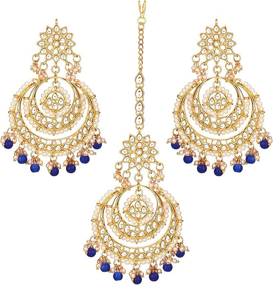 Aheli Bollywood Ethnic Chandbali Style Big Earrings Maang Tikka Set Traditional Fashion Jewelry Gift for Women