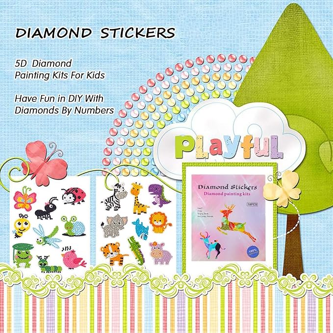 sinceroduct 5D Diamond Art Stickers for Kids, 18 Pcs Insect & Animal Sticker Kits, Eco-Friendly DIY Craft Set for Creative Skills Development
