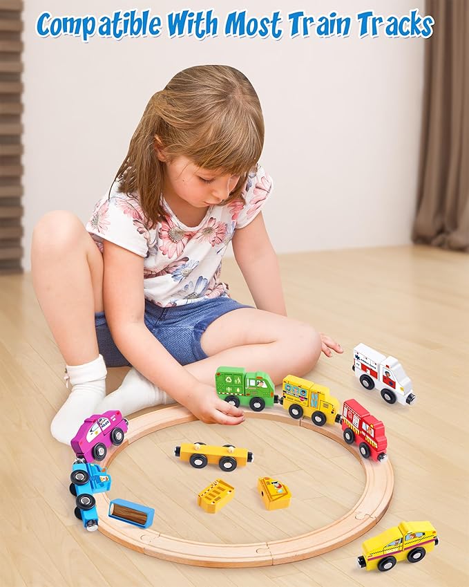 8-Piece Magnetic Wooden Train Set, Customizable City-Themed Vehicles for Kids 3+, Montessori Fine Motor Skills Educational Toy, Build Connect Explore with Endless Combinations