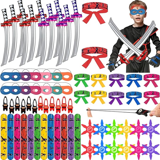 ZOIIWA 72Pcs Karate Party Favors Include Inflatable Sword Headbands Colorful Karate Party Decorations Karate Slap Bracelets Eye Mask Costume Accessories Gift Set for Kids Boys Girls Birthday Supplies