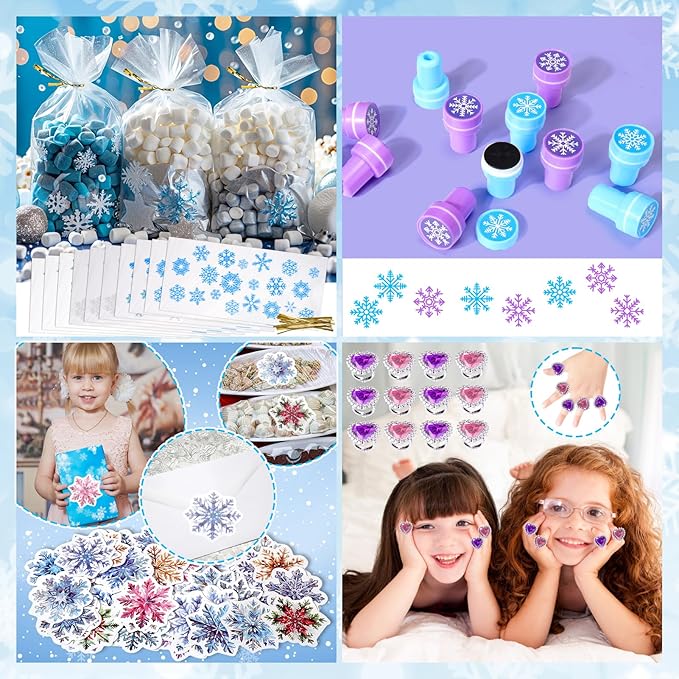 XANGNIER 134 Pcs Frozen Birthday Party Favors Decorations, Winter Frozen Party Supplies with Goodie Bag Snowflake Stickers Heart Ring Erasers Silicone Slap Bracelets Stamp Coil Springs