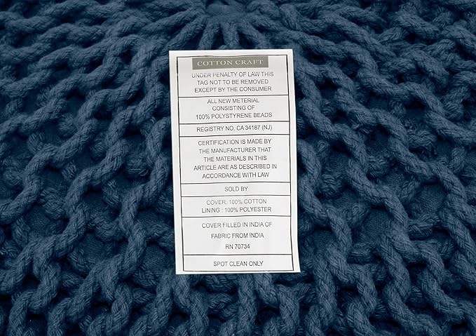 COTTON CRAFT - Hand Knitted Cable Style Dori Pouf - Blue - Floor Ottoman - Cotton Braid Cord - Handmade & Hand Stitched - Truly one of a Kind Seating - 20 Dia x 14 High