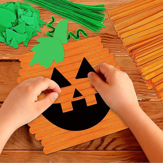Winlyn 24 Sets Pumpkin Crafts Kits Halloween Crafts Fall Kids Crafts DIY Pumpkin Ornaments Decorations Art Sets Craft Sticks Pumpkin Foam Stickers Arts and Crafts for Kids School Classroom Activity