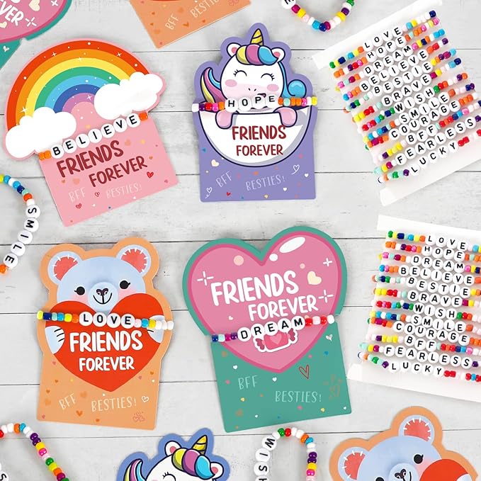 DAZONGE Valentines Day Gifts for Kids, Pack of 24 Friends Forever Valentines Cards with Friendship Bead Bracelets for Classroom Prizes, Exchange Gift, Valentineās Day Cards for Kids School