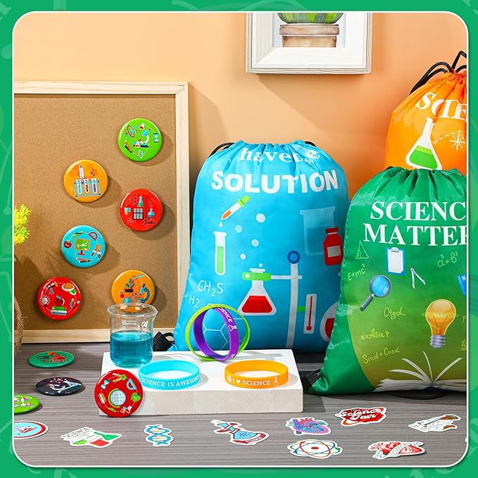 Sureio 86 Pcs Scientific Party Favors Include Scientific Party Drawstring Bags Silicone Bracelets Scientific Stickers Kawaii Pins for Scientific Birthday Party Decorations Prizes