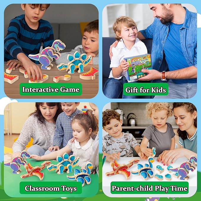 Dinosaur Snap Building Toys - Dinosaurs Snap Together Wooden Build Blocks Kits, Happy Little Animals Game, Educational Learning Wood Magnetic Take Apart Playset Toy, Birthday Gifts for Kids
