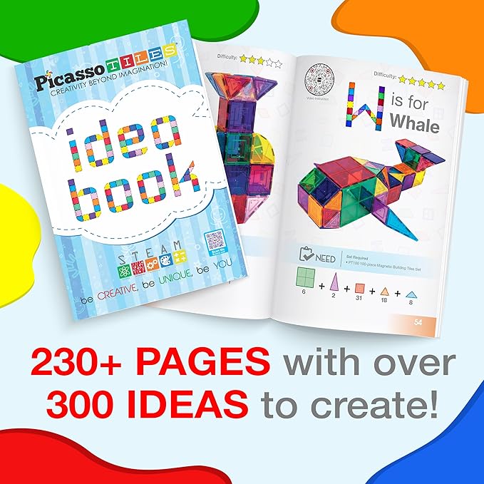 PicassoTiles Magnetic Tiles Magnet Tile Building Blocks Construction Set with 110+ Page IdeaBook Included STEM Learning Toys Toddlers Educational Fun Pretend Play Kids Boys Girls Sensory Toys Ages 3+