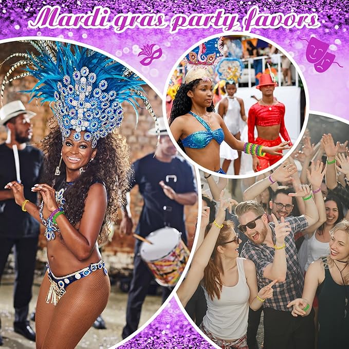 Wettarn 100 Pcs Mardi Gras Silicone Bracelets Mardi Gras Rubber Bracelets Mardi Gras Carnival Bracelet Set Mardi Gras Party Favors for Goodie Bag Favor Stuffers Birthday Party Favors Supplies
