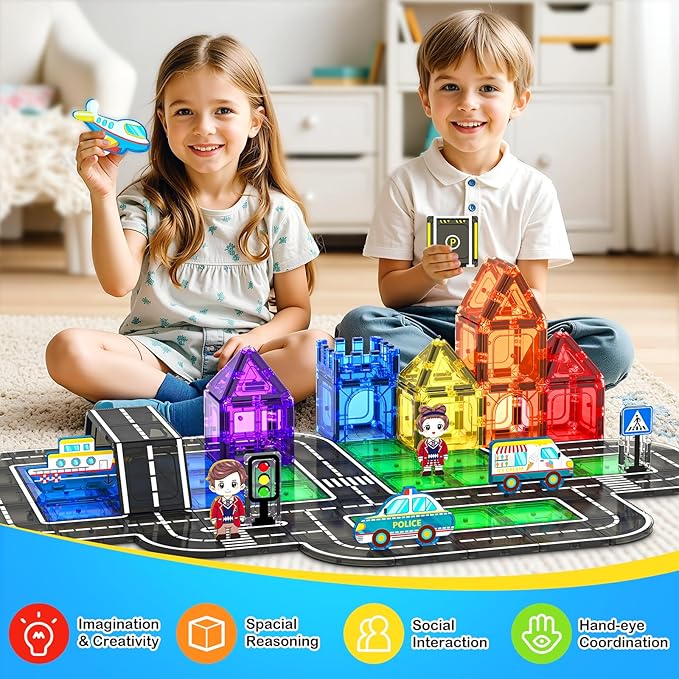 Magnetic Tiles City Road Set with Magnet Car Toys, Magnetic Blocks Building Toys for Kids, STEM Construction Toys for Toddlers,Toy Gifts for 3+ Year Old Boys & Girls