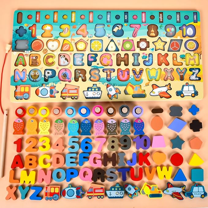 Wooden alphanumeric Shapes Jigsaw Ring Count Classification Toys Math Shapes Building Blocks Toddler Learning Playboard Math Fishing Educational Toys Montessori Educational Toys (color1)