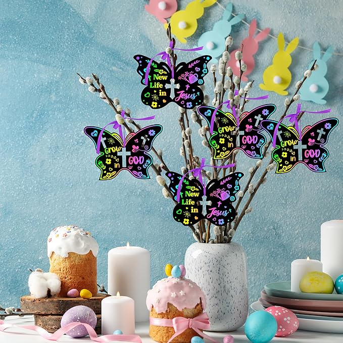 BeYumi 60Pcs Spring Christian Butterfly Scratch Cards for Kids DIY Religious Cross Magic Rainbow Color Craft Kit Scratch Paper Art Spring Resurrection Sunday School Classroom Decorations Gifts