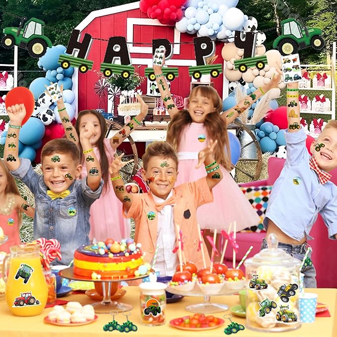 98 PCS Tractor Party Favors Tractor Theme Birthday Party Supplies Decorations Tractor Rubber Bracelet Tattoos Keychains Button Pin Tractor Stickers for Boys Girls Farm Tractor Birthday Theme Party