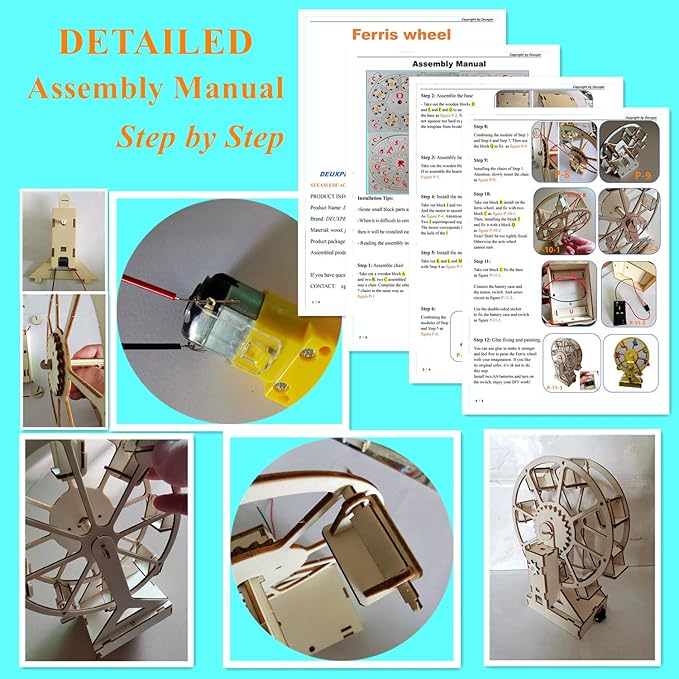 Electric Wooden Ferris Wheel Building Kit - DIY STEM Educational Toys for Girls and Boys - 3D Working Construction Scientific Model Kits - Engineering Assembly Project for Kids, Teens & Adults