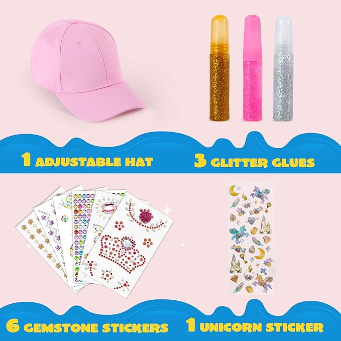 Klever Kits Decorate Your Own Baseball Cap with 7 Sheets Gems Stickers, Art & Crafts Kit for Kids, Fun Creative DIY Toys for Kids Girls