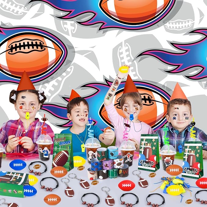 320pcs Football Party Favors with Football Party Bags Football Whistle Mini Foam Football Slap Bracelets Keychains Sticker Tattoo for Party Goodie Bag Fillers Football Party Decorations