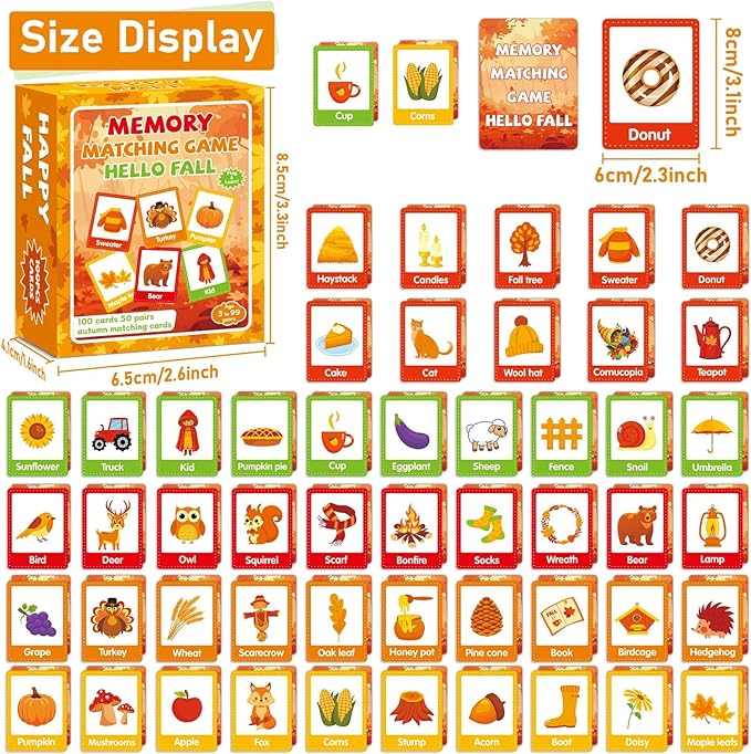 gisgfim 50 Pairs Thanksgiving Memory Matching Game Happy Fall Concentration Memory Games for Kids Educational Ages 3-8 A Fun & Fast Autumn Theme Memory Matching Games