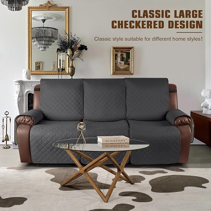 KinCam Waterproof Recliner Sofa Cover, Non-Slip Reclining Couch Covers for 3 Seat, Recliner Couch Cover Furniture Protector with Elastic Straps for Pets, Kids, Charcoal Gray