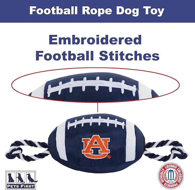 Pets First NCAA Auburn Tigers Football Dog Toy, Tough Quality Nylon Materials, Strong Pull Ropes, Inner Squeaker, Collegiate Team Color