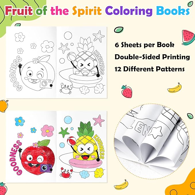 24Pcs Fruit of the Spirit Coloring Books - Religious Bible DIY Color-in Pages Booklet Bulk Drawing Holiday Christian Activity Supplies for Sunday School Classroom Reward Artwork Gift for Kids