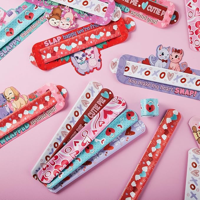 JOYIN 28 Valentine's Day Gifts Cards with Slap Bracelet, Animal Heart Snap Bracelet Wristband for Kids,Valentine's Party Favors, Valentine Classroom Exchange, Game Prizes