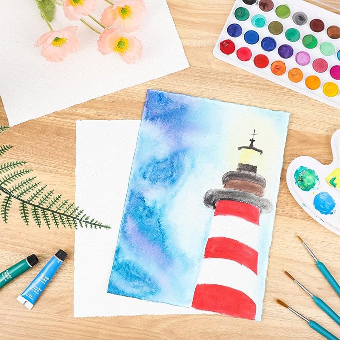 50 Sheets Watercolor Paper 8.5 x 11, 300 GSM Deckled Edge Paper Rough/Textured Handmade Paper Cotton Paper for Watercolors, Wedding Invitations, Cards, Crafts