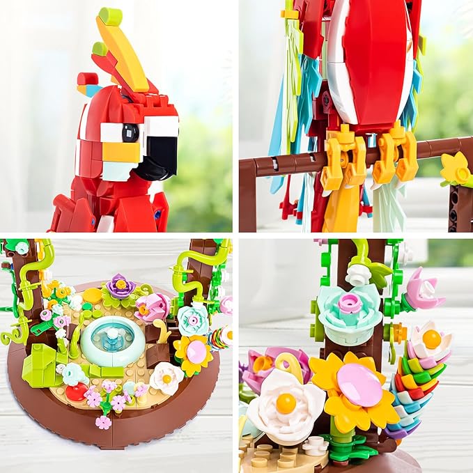 Flowers and Parrot 2 in 1 Building Sets Rotatable 360° Compatible with Lego Sets for Adult, Creative Bird Botanical Collection Set Decor for Home Office, Gifts for Boys Girls Age 8+ Kids 636PCS RED