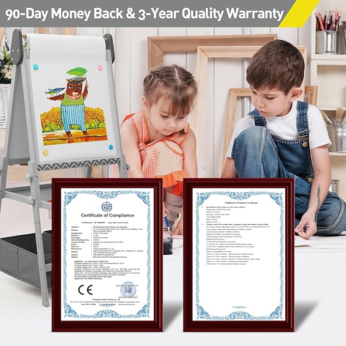 FUNLIO Anti-Warping Kids Art Easel, 3 Height Adjustable for Kids Aged 3-8, All-in-One Toddler Easel with Paper Roll & Erasable Frame, Standing Easel with Magnetic Chalkboard/Whiteboard (Gray)