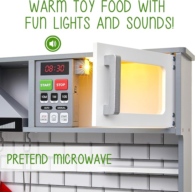 Lil' Jumbl Jumbl Kids Kitchen Set, Pretend Wooden Play Kitchen, Includes Range Hood, Microwave, Stove Top, Oven That Make Realistic Sound & Light, Pots, Pan, Cutting Board & Utensils Included,