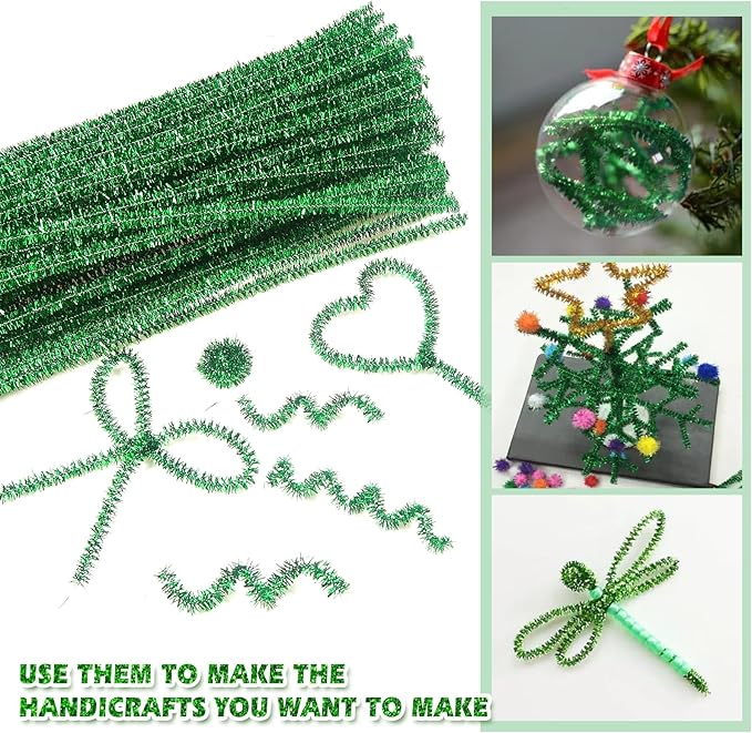 TOAOB 100pcs Christmas Glitter Pipe Cleaners Green Metallic Pipe Cleaners Craft Supplies 6mm x 12 Inch Chenille Stems Pipe Cleaners for Art DIY Crafts Decorations