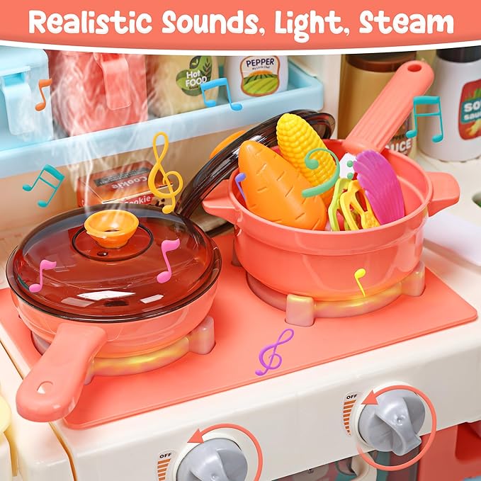 HOLYFUN Kids Kitchen Playset, Kitchen Set for Toddler with Sound and Light, Cooking Stove with Steam, Play Sink and Toy Kitchen Accessories, Pretend Kitchen Toys for Kids Girls Boys, Pink