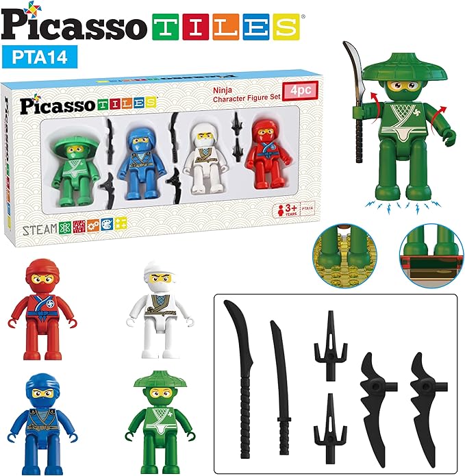 Picasso Toys Magnetic Figures 4 Piece Ninja Character Action Building Block Tiles Toddler Toy Set Magnet Expansion Pack Ages 3 and up Educational STEM Learning Kit Pretend Playset Construction PTA14
