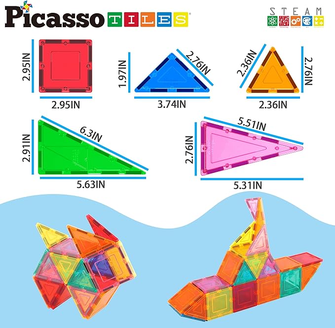 PicassoTiles Magnet Tile Building Block Set Magnetic Construction Square Triangle Tiles Toy Kit Sparking Creativity Geometric Shapes STEM Educational Learning Brain Development Kids Ages 3+ PB36