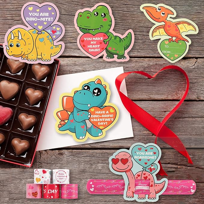 Mibor Valentines Day Cards for Kids - 30 Pcs Dinosaur Gift Cards + 30 Pack Slap Bracelets for Valentines Party Favors, Valentines Day Cards for Kids Party Decorations, Valentines Gift Snap Bracelets