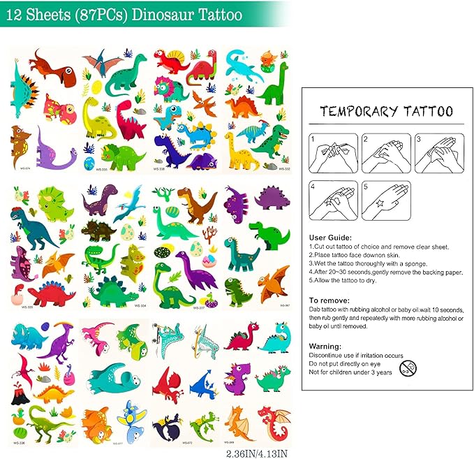 108Pcs Dinosaur Party Favors Dinosaur Stamps Slap Bracelets Keychains Rings Stickers Temporary Tattoos for Kids Birthday Party Supplies, Carnival Prizes, Prize Box Gift, Pinata Goodie Bag Fillers