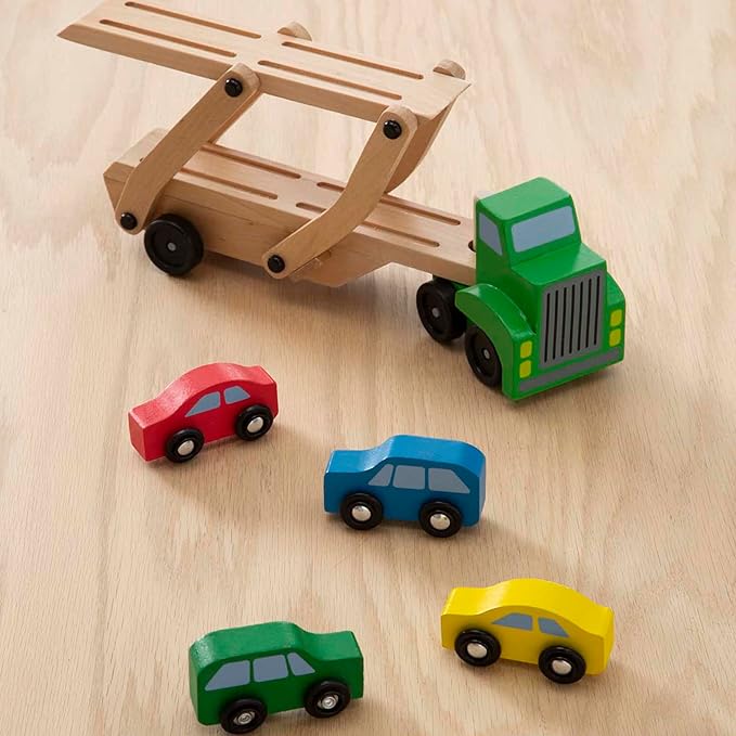Melissa & Doug Car Carrier Truck and Cars Wooden Toy Set With 1 Truck and 4 Cars Wooden Vehicle Toys, Push And Go Trucks For Toddlers And Kids Ages 3+