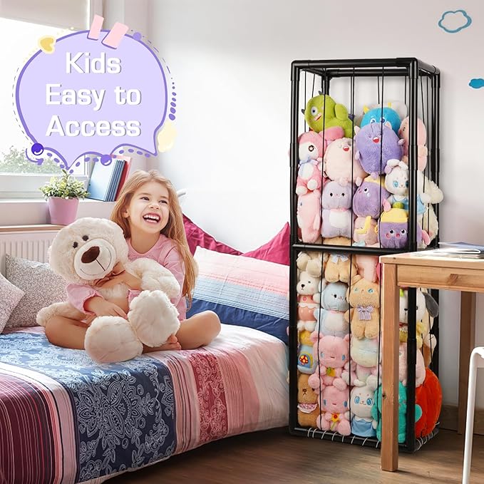 Trycooling Stuffed Animal Storage Zoo Stuffed Animal Holder Space Save Vertical Stuffed Animals Storage PVC with Elastic Band and Net for Playroom Bedroom Nursery (Black 1)