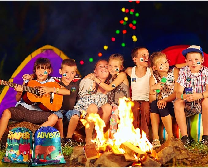 Zhanmai 140 Pcs Camping Party Favors Include Silicone Bracelets, Stickers, Camping Keychain, Badge, Camouflage Pencils, Spiral Camp Adventure Theme Notepads Drawstring Bags Mini Flashlight for Kids