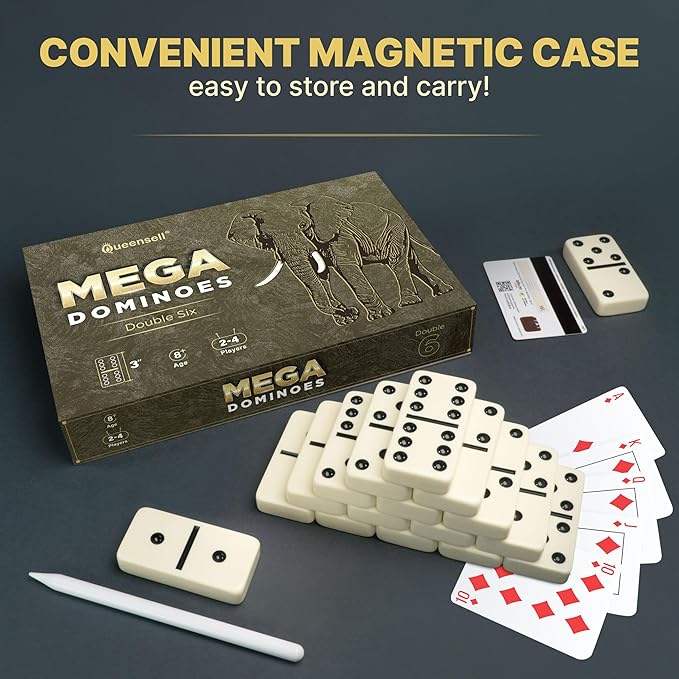 Mega Large 3" Dominoes Set for Adults and Kids – Dominoes Double 6 Classic Board Games – Double Six Dominoes Set with 28 Tiles and Gift Case, Juegos de Mesa (MEGA)